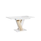 MEBLINI Esstisch Ausziehbar - Esszimmertisch Modern - Küchentisch - Säulentisch - Ausziehtisch - Dining Table - Esszimmertische - 120-160x80x75cm - MASIV - Weiß Hochglanz/Sonoma Eiche