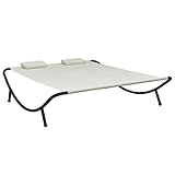 Gecheer Outdoor-Loungebett mit 2 Kissen für 2 Personen Doppelliege Gartenliege Relaxliege Sonnenliege Stoff Cremeweiß 200 x 173 x 45 cm