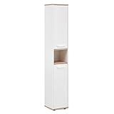 BadeDu ARC Hochschrank mit verchromten Griffen – Schrank für das Badezimmer (30 cm x 28,3 cm x 177 cm) – Badschrank schmal aus Holz in Weiß und Eiche