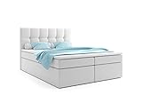 ALTDECOR Boxspringbett mit H3Matratze (20 cm hoch) mit Bonellfederung, Kunstlederbett, Topper (4 cm hoch), Polsterbett mit Kopfteil und Bettkasten 180x200 Weiß Madryt 920