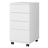 HOCSOK Rollcontainer mit 4 Schubladen, Aktenschrank mit Rollen, Büroschrank, unter dem Schreibtisch, für Zuhause und Büro, weiß, 33 x 39 x 63,5 cm