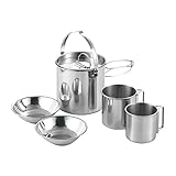 Lixada 5-teiliges Camping Kochgeschirr Set, Camping Topf Edelstahl Tasse BecherKochen Wasserkocher mit Deckel und Griff, Tragbares Camping Geschirr Set für Camping Wandern Angeln Picknick