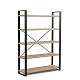 B&D home Bücherregal, Regal mit 5 Ebenen, Holzregal Eiche Optik, Standregal, Schuhregal, Lagerregal, Stahlgestell, 120 cm breit, für Wohnzimmer, Büro und Garderobe, Sandeiche - Schwarz