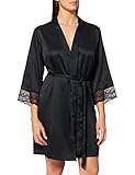 Iris & Lilly Damen Kimono-Morgenmantel Satin Spitze, Schwarz, 42 (Label: XL)