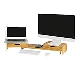 SoBuy BBF04-N Design Monitorerhöhung für 2 Monitore Monitorständer Bildschirmständer Notebookständer Schreibtischaufsatz mit 2 Schubladen breitenverstellbar Bambus BHT ca.: 60-108x11x22cm