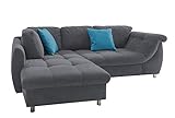 Ecksofa mit Schlaffunktion in dunkelgrau mit großen Rücken-Kissen, Microfaser-Stoff | Gemütliches L-Sofa mit Longchair im modernen Look