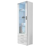 Vitrine mit Blauer LED Beleuchtung SOHO S1 Vitrinenschrank Standvitrine Stauraumvitrine Glasvitrine Schrank Wohnzimmerschran (Weiß/Weiß Hochglanz)