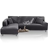 TOPOWN Sofabezug l Form wasserdicht, Sofa überzug l Form elastisch, Couch überzug l Form 3 Sitzer + 3 Sitzer mit 2 Stücke freien Kissenbezügen, Hellgrau