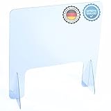 AtHaus® Spuckschutz Schutzscheibe aus Acrylglas Premium Quality, 80 x 60 (BxH) cm mit Durchreiche 40x20 (BxH) cm Trennwand Plexiglas Virenschutz Sichtschutz Spuck und Niesschutz Thekenaufsatz