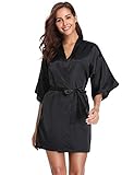 Vlazom Kimono Robe Damen Morgenmantel Kurzer Satin Bademantel Mit Gürtel V-Ausschnitt Kimono(M,Schwarz)