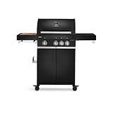 BURNHARD 3-Brenner Gasgrill FRED Black Series mit 900°C Infrarot-Keramikbrenner und Seitenkochfeld, 13,5kW Grillwagen mit klappbaren Seitentischen, Gusseisen-Grillrost, Piezozündung inkl. Abdeckhaube