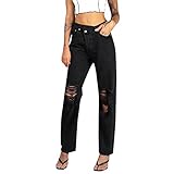 Generic Damenmode zerrissene lose Denim-Jeans Lässige gerade Jeans mit hoher Taille Lässige lose Hosenhose Elegante Hose Jugendliche Mädchen Klamotten