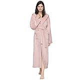 Mnemo Damen Fleece Bademantel Langarm Morgenmantel Winter Saunamantel mit Kapuze und Taschen,Rosa,M