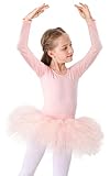 Kinder Ballettkleidung Tütü Ballettkleid Mädchen Baumwolle Balletttrikot Kurzarm Ballettanzug Tanzbody mit Rock (110 (100-110 cm, 3-4 Jahre), Rosa Langarm)