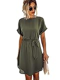 DIDK Damen Tunika Kleid Rundkragen Chiffonkleid Hohe Taille Sommerkleid Kurz Kleider Freizeitkleid mit Gürtel Einfarbig-Armeegrün M