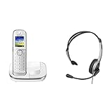 Panasonic KX-TGJ310GW Familien-Telefon ohne Anrufbeantworter (schnurloses Telefon, strahlungsarm, Anrufschutz, DECT Basisstation, Freisprechen) weiß & RP-TCA430E-S Headset für KX-TGxx Serie, Grau