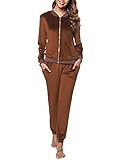 Irevial Damen Samtweich Hausanzug 2 Teiliger Casual Trainingsanzüge Kuschlig Jogginganzug Sportliche Zip Jacke + Sporthose mit Tasche Karamell Farbe XL