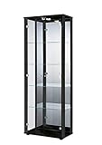 K-Möbel Glasvitrine in Schwarz (176x67x33 cm) mit 4 höhenverstellbaren Glasböden aus ESG, LED, Schloss und Spiegel; beleuchtet; perfekt für Sammler;