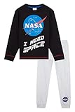 Nasa Schlafanzug Jungen, Kinder Pyjama Lang, Baumwolle Teenager und Kinder Schlafanzug 7-14 Jahre, Lang Tshirt und Schlafanzughosen Zweiteilig Set (Schwarz, 13-14 Jahre)