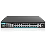 YuanLey 24 Port PoE Switch mit 2 Gigabit Ethernet Uplink, 1 SFP Port, 300W PoE+ Port Konform 802.3af/at, Unverwaltet Netzwerk Switch mit AI Watchdog, VLAN, Erweitert auf 300m, Lüfterloser und Leiser