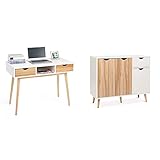 Meerveil Schreibtisch, Computertisch mit 2 Schubladen 1 Lagereinheit Nordisch Stil & Kommode, Sideboard Holz mit 1 Schubladen und 3 Türen Wohnzimmer Schlafzimmer Flur, Weiß und Natur 90 x 30 x 73 cm