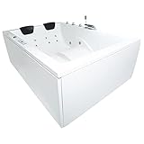 Basera® Indoor Whirlpool Badewanne XXL Wave für 2 Personen mit 24 Massagedüsen, Wasserfall, LED-Ambiente, Touchpanel, Bluetooth und Radio (190 x 140 cm)