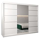 Schwebetürenschrank Verona 2-250cm mit Spiegel Kleiderschrank mit Kleiderstange und Einlegeboden Schlafzimmer- Wohnzimmerschrank Schiebetüren Modern Design (Weiß)