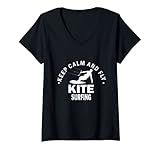 Damen Keep Calm and Fly Kitesurfing - Kitesurfen T-Shirt mit V-Ausschnitt