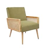 Rattan Sessel Wohnzimmer mit Holz Armlehne Loungesessel Modern Polsterstuhl Einfach zu Installierender Gepolsterter Samt Stuhl Massivholz Sessel für Schlafzimmer Arbeitszimmer Büro Hellgrün