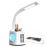 Kinder Schreibtischlampe Led Multifunktion Tischleuchte，VAZILLIO Augenschutz Nachttischlampe Dimmbar Stifthalter Tischleuchte mit Lcd Display/kalender/Uhr/Wecker/USB-Anschluss Leselicht