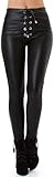 Jela London Damen Schwarze Kunst-Leder Hose Wetlook Leggings Treggings Schnürung High-Waist Hoher Bund Clubwear, 34 36 (S)