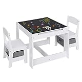 Lestarain Kindertisch mit 2 Stühlen, 3tlg Kindersitzgruppe, Kindertisch Set mit Stauraum, Malttisch Tischplatte mit Tafel und Papierrolle, Kinderzimmer, Spielzimmer, Vorschüler, Weiß