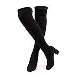 Hitmars Overknees Stiefel Damen Lange Stiefel Schnürstiefel Langschaftstiefel Wildleder Warme Kniehoch Stiefel Blockabsatz Schwarz EU 38