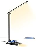 Sympa Schreibtischlampe LED Metall mit Wireless Charger, 5 Farbmodi, 5 Helligkeitsstufen Tischlampe, USB-Ladeanschluss Dimmbare Nachttischlampe kinder, Schlafzimmer, Büro, Arbeitszimmer, Lesen