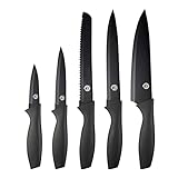 MasterChef Messerset, Küchenmesser Set ink. Kochmesser, Gemüsemesser, Schälmesser, Schneidemesser & Brotmesser, Scharfe Messer Edelstahl, Antihaftbeschichtete, Soft-Touch-Griffe, 5-teilig, Schwarz