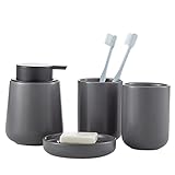 Autumnlife Keramik Badezimmer Zubehör Set, 4-teiliges Seifenspender Set Stilvolles Bad Set inklusive Seifenspender und Seifenschale, 2 Zahnputzbecher für Zuhause und Badezimmer, Grau