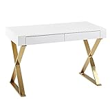 FineBuy Schreibtisch 118x76x57 cm Holz Hochglanz Weiß Metallbeine Golden | Design Computertisch PC-Tisch Bürotisch Modern | Konsolentisch Schubladen