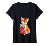 Damen Corgi Weihnachtspyjama mit Weihnachtsmannmütze, süßer Hund, Welpe X-Mas T-Shirt mit V-Ausschnitt