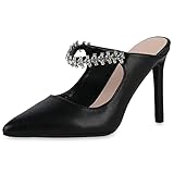 VAN HILL Damen Pumps Slingpumps Party Schuhe Stiletto Strass Absatzschuhe Elegante Leder-Optik Abendschuhe Freizeitschuhe 207043 Schwarz 39