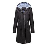 JISDFKFL Regenmantel für Damen, wasserdicht, lang, mit Kapuze, gefüttert, leicht, Windbreaker, Regenjacke mit Tasche, Schwarz , 48