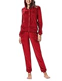 Irevial Hausanzug Damen 2 Teiliger Trainingsanzüge Samt Jogginganzug Casual Sportanzug Zip Hoodie Jacke+Hose mit Tasche für Frühling Herbst Winter, Rubinrot, XL