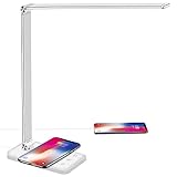 Schreibtischlampe LED mit 10W Wireless Charging, USB Ladeanschluss, BIENSER Bürolampe Tischlampe mit 10 Helligkeits X 5 Farbstufen, Augenschonende LED Dimmbar, Sensible Kontrolle, 30/60 min Auto Timer