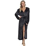 Mnemo Fleece Bademantel für Damen und Herren Langarm Morgenmantel Saunamantel mit Kapuze und Taschen, Grau,M