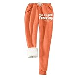 Fleece-gefütterte Hose für Damen, Übergröße, Damen-Jogginghose, Loungehose, elastische Taille, kurze Beinhose mit Taschen, Leggings, Sporthose, Thermohose, Damen, zierlich, Weihnachten, Orange, M