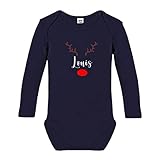 Babybody mit Namen | Motiv Rentier | Personalisierter Strampler Langarm aus Baumwolle | Geschenk Weihnachtsoutfit Jungen Mädchen Baby 0-3 Monate (dunkelblau/navy)