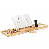 TranquilBeauty Badewannenablage ausziehbar - Nachhaltiges Bambus Badewannenbrett mit Tablet- und Handyhalter - Verstellbares Luxus Holz Badewannentablett mit Weinhalter - Premium Badewannenauflage