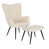 WOLTU Relaxsessel Lehnstühle Vintager Retro Sessel Polstersessel mit Hocker Fernsehsessel Ohrensessel Cordsamt Cremeweiß SKS28cm