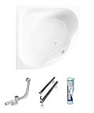 ECOLAM symmetrische Badewanne Eckbadewanne Standard Acryl weiß 150x150 cm + Ablaufgarnitur Ab- und Überlauf Automatik Füße Silikon