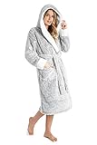 CityComfort Bademantel Damen Flauschig, Morgenmantel Damen mit Kapuze, Damen Geschenke, Hausmantel Damen, Dressing Gown Women, S-XL (Zweifarbiges Grau, M)