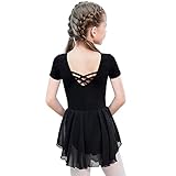 Soudittur Ballettkleidung Mädchen Ballettkleid für Kinder Baumwolle Balletttrikot Kurzarm Ballettanzug Tanzkleid Tanzbody mit Chiffon Rock Tütü(150,Schwarz)